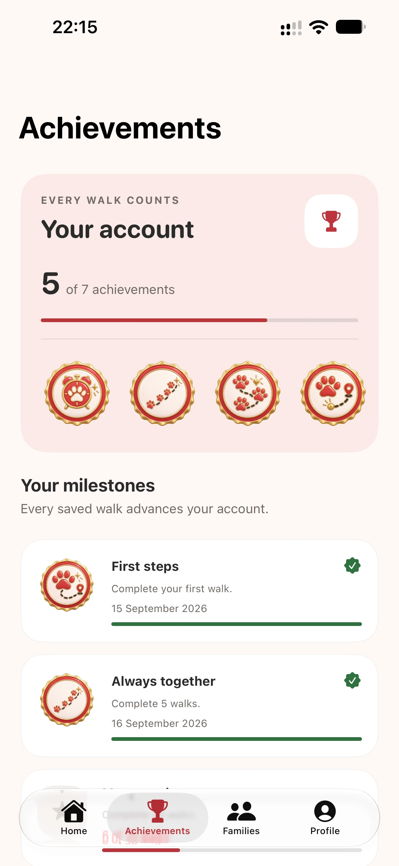 SnoutGo achievements screen showing collected medals and milestones