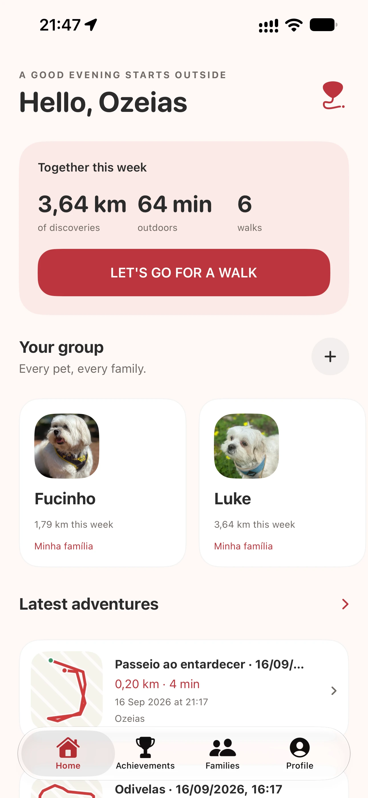 SnoutGo home screen with weekly walking activity, pets, and recent adventures